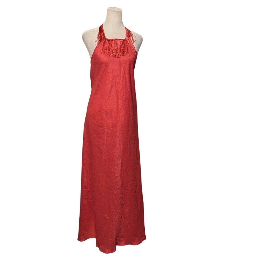 Zara Limited Edition Coral FringeLinen Halter Maxi Dress Size XS - Picture 2 of 11